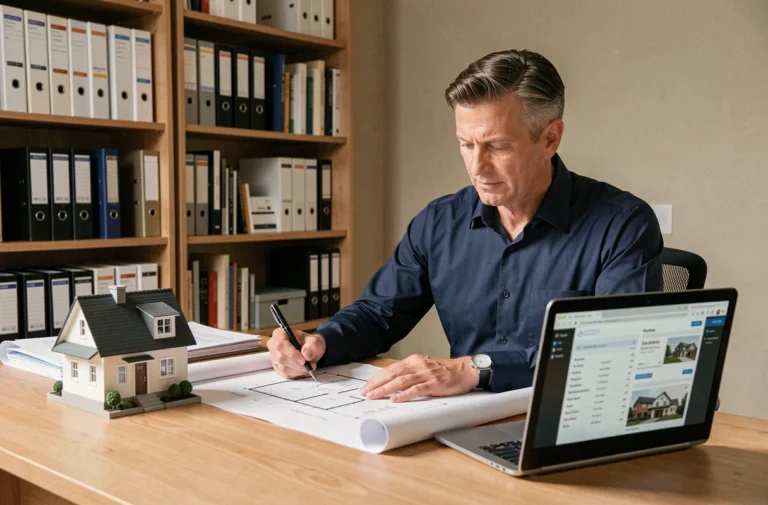 Un investisseur immobilier analyse des plans et documents de projet dans un bureau moderne, avec une maquette de maison et un ordinateur portable affichant des annonces immobilières.