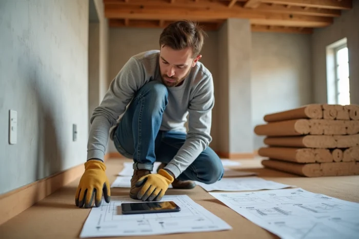 Artisan installant des panneaux isolants en liège naturel dans une cuisine en cours de rénovation écologique