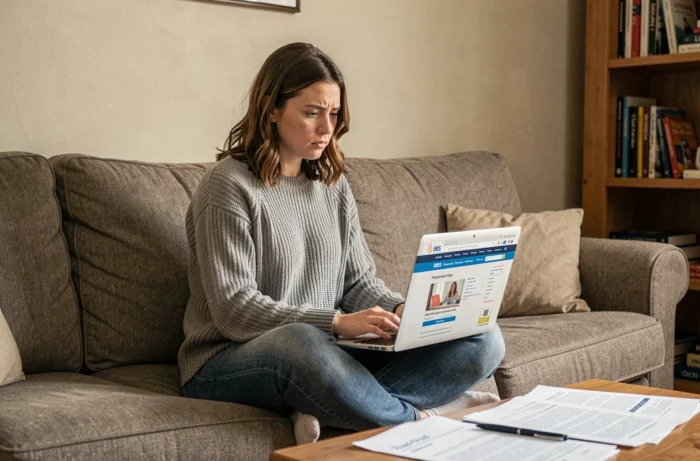 Une jeune femme dans la vingtaine utilise son ordinateur portable sur un canapé pour comprendre ses obligations de déclaration d'impôts aux États-Unis en tant que primo-déclarante