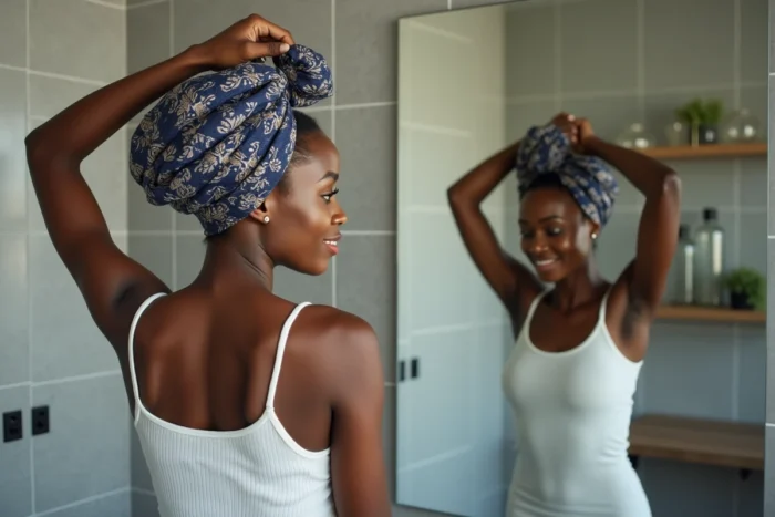 Jeune femme nouant un turban en tissu wax africain devant un miroir de salle de bain, tutoriel style naturel et authentique au quotidien
