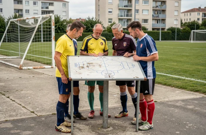 Joueurs amateurs de football étudiant une tactique sur un tableau lors d'un entraînement dans un complexe sportif de l'Essonne