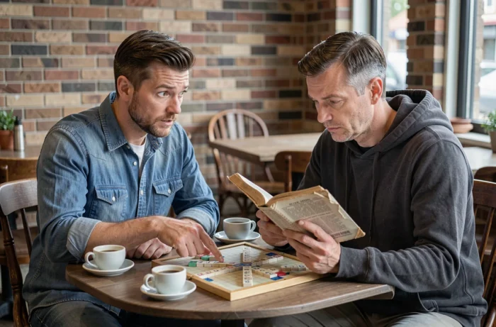 Deux joueurs de Scrabble consultant un dictionnaire pour vérifier la validité d'un mot court