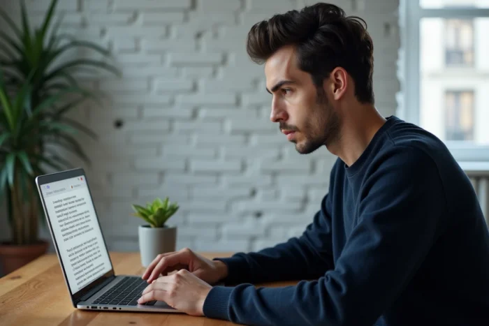 Jeune homme lisant un scan manga vf sur ordinateur portable dans un bureau moderne