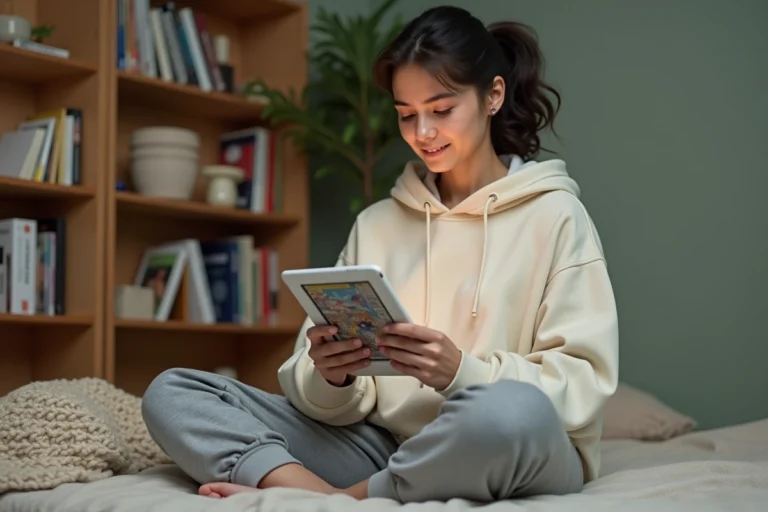Jeune femme lisant un scan manga en ligne sur une tablette dans sa chambre confortable