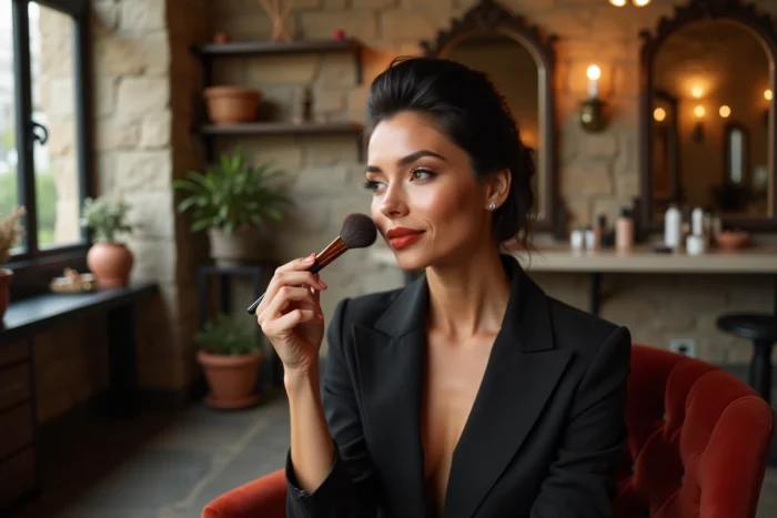 Femme sophistiquée se maquillant dans un studio beauté parisien chic, tendances maquillage et astuces beauté professionnelles