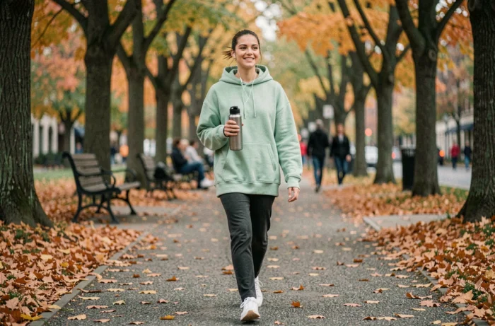 Jeune femme marchant dans un parc urbain en automne avec une bouteille d'eau réutilisable, illustrant les bienfaits de l'activité physique douce