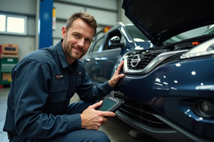 Mécanicien connectant un scanner OBD2 sur une Nissan Juke pour diagnostiquer le voyant moteur