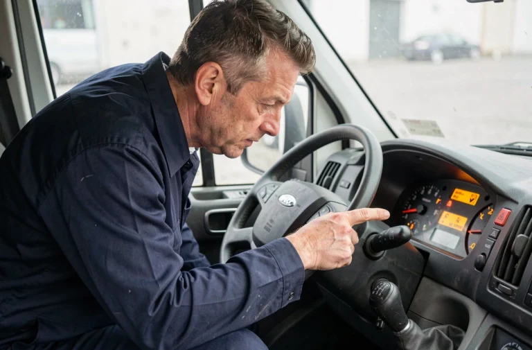 Mécanicien indiquant les voyants allumés sur le tableau de bord d'un Iveco Daily