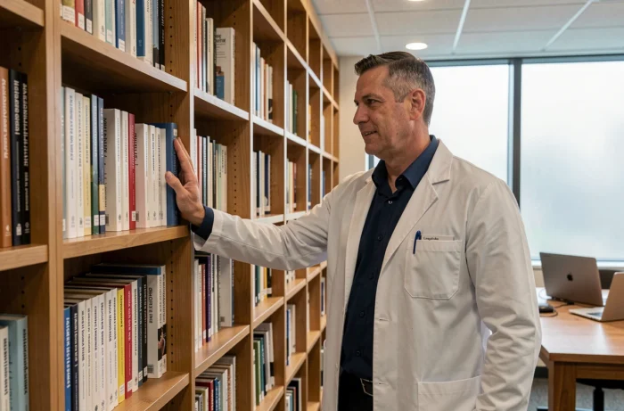 Médecin parcourant des ouvrages de référence clinique dans une bibliothèque médicale professionnelle