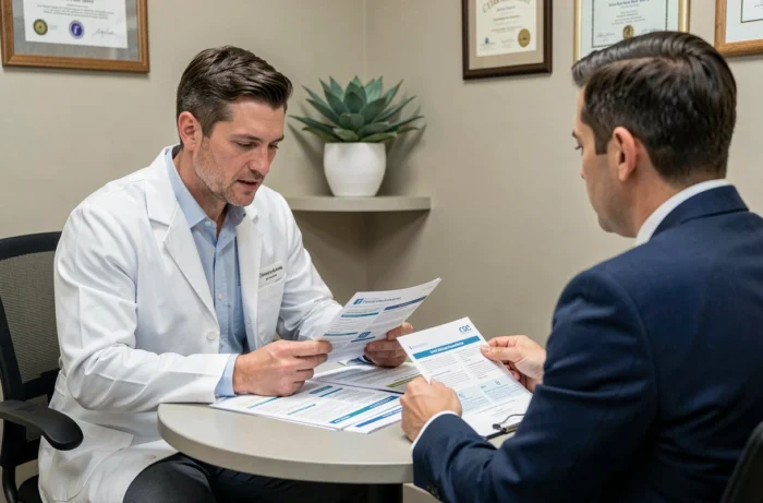 Médecin consultant un conseiller financier pour choisir la meilleure mutuelle professionnelle de santé