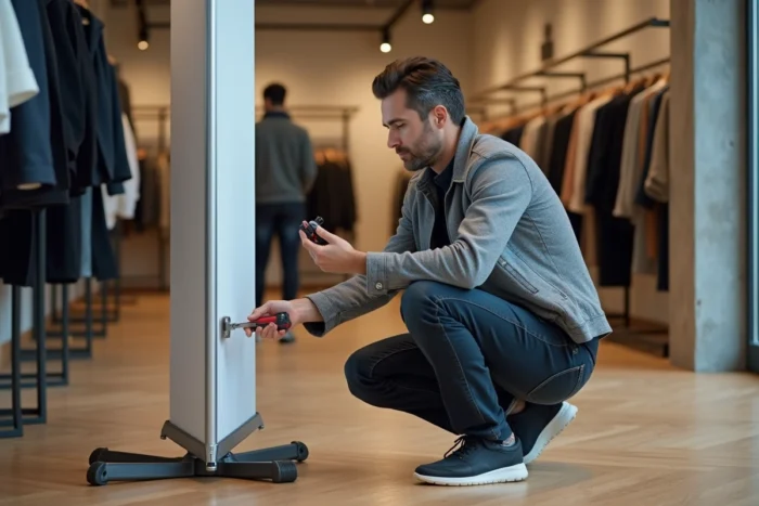 Merchandiser installant un rollup banner publicitaire dans une boutique de vêtements moderne