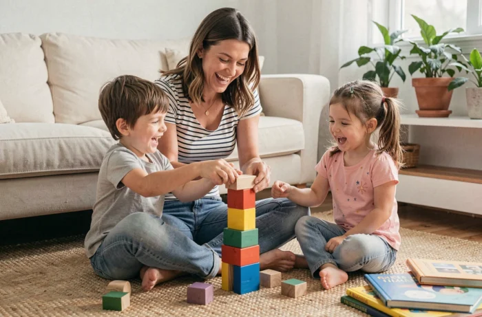 Mère et enfants jouant avec des blocs en bois sur un tapis dans un salon familial cosy et décoré avec soin