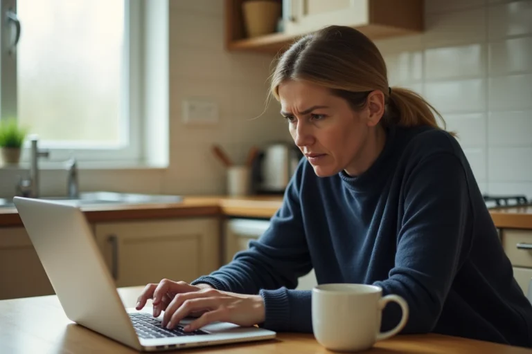 Mère inquiète lisant des avis sur le site Maficheclasse.com depuis son ordinateur portable dans sa cuisine