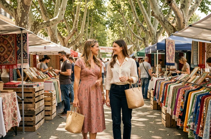 Deux femmes tendance au marché en plein air portant robe fleurie et jean indigo, mode estivale et lifestyle