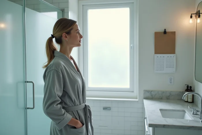 Femme en peignoir consultant un calendrier dans une salle de bain moderne pendant la période de nidation après FIV