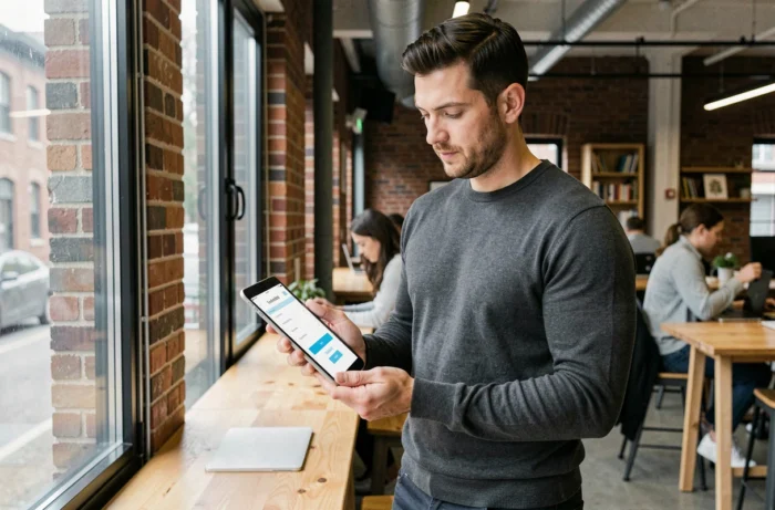 Homme consultant les informations d'inscription sur Tarbob.com depuis un espace de coworking urbain