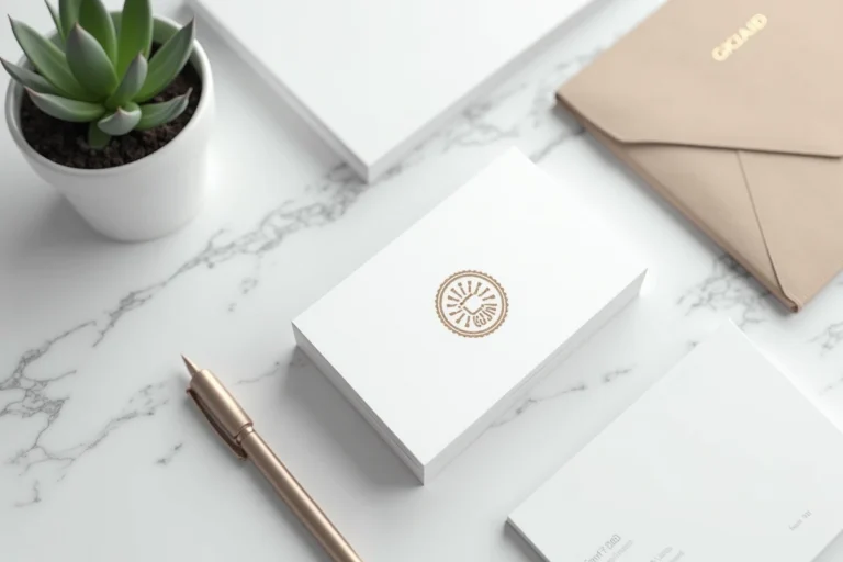 Présentation des nouveaux supports de communication de la marque Kolrag sur un bureau en marbre blanc, incluant cartes de visite et livret de charte graphique