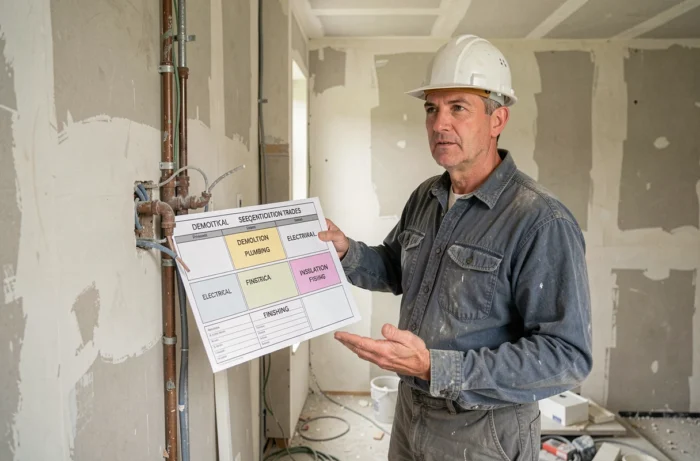 Chef de chantier montrant l'ordre logique des corps d'état sur un schéma de planification en rénovation