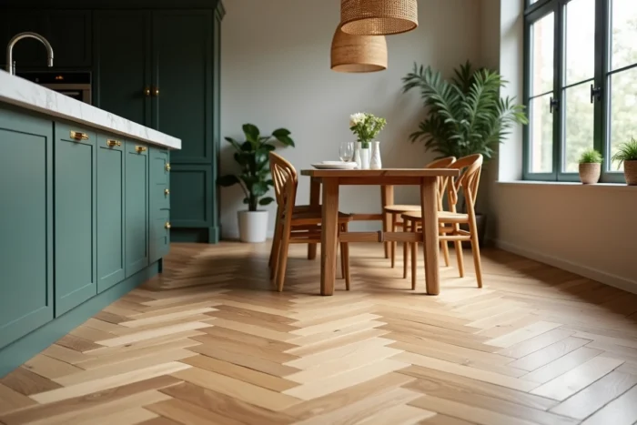 Parquet en chêne point de Hongrie dans une cuisine moderne aux tons verts et laiton