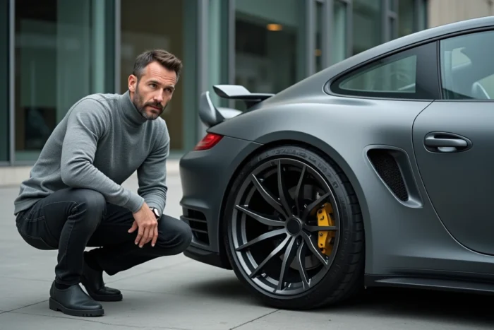 Passionné de voiture inspectant les jantes d'un coupé sport gris mat dans un environnement urbain moderne