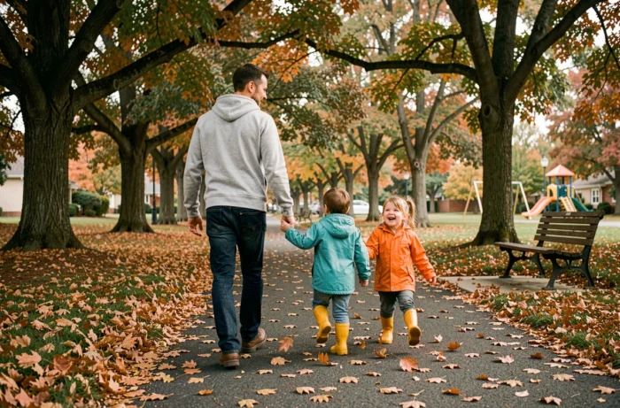 Père et enfants se promenant dans un parc en automne parmi les feuilles tombées, un moment de complicité familiale en plein air