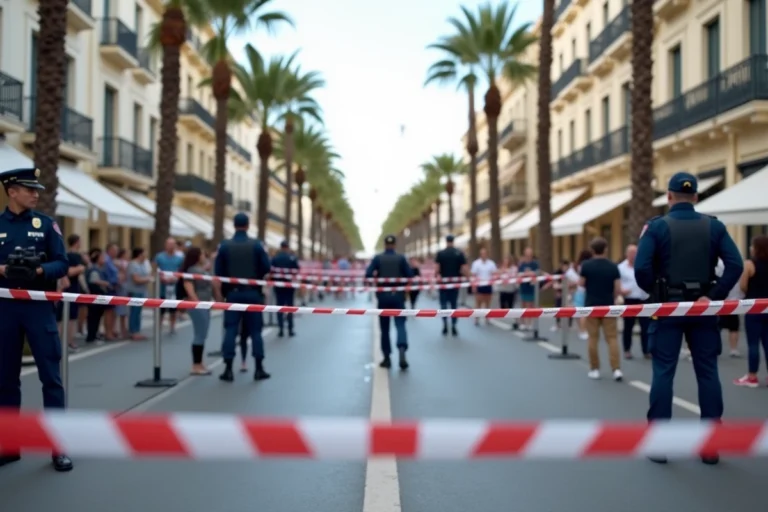 Périmètre de sécurité établi par la police française lors d'une alerte à la bombe à Cannes, ruban de signalisation rouge et blanc bloquant une avenue piétonne