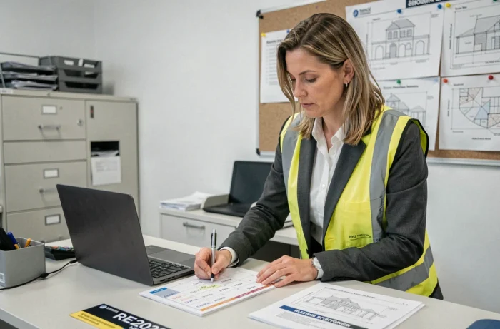 Urbaniste marquant la date limite de dépôt d'un permis de construire RE2020 sur un calendrier