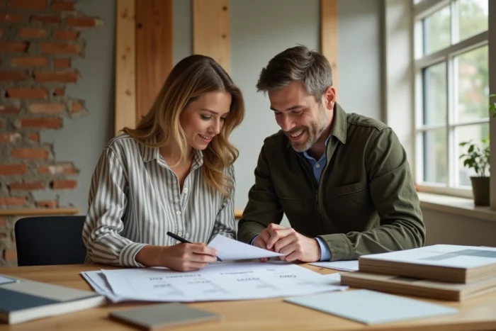 Couple planifiant une rénovation écologique de leur maison en comparant des matériaux durables et leur budget