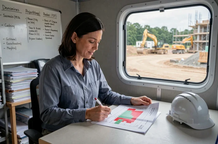 Cheffe de projet analysant un planning contractuel avec pénalités de retard dans un bureau de chantier