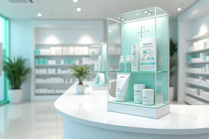 Présentoir PLV en acrylique sur comptoir de pharmacie avec produits cosmétiques et fiches promotionnelles