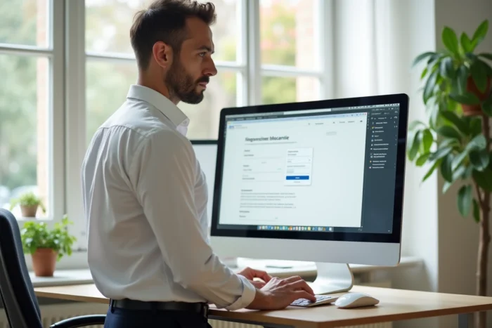 Professeur masculin accédant à son espace personnel iProf depuis un bureau à domicile