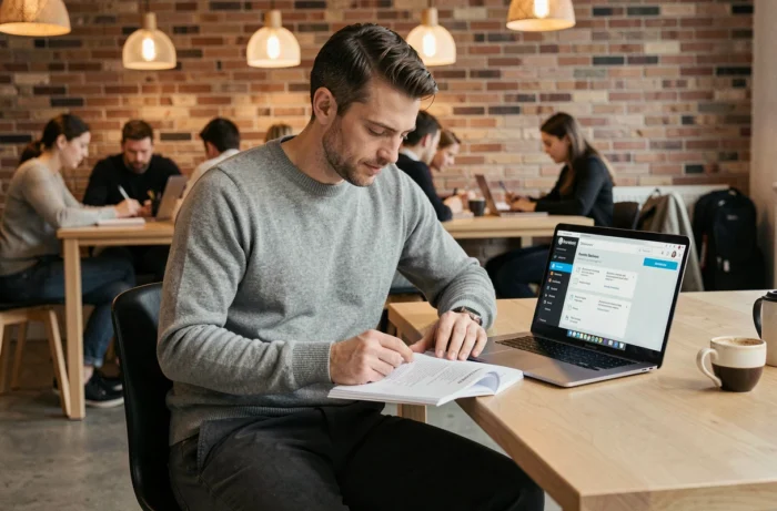 Jeune professionnel en formation continue étudiant un manuel de gestion dans un espace de coworking