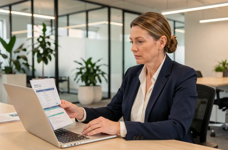 Professionnelle en blazer marine comparant des mutuelles santé sur ordinateur portable dans un bureau moderne