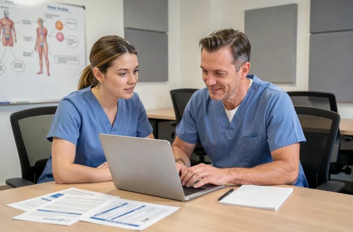 Deux professionnels de santé collaborant sur des ressources numériques et imprimées lors d'une formation médicale