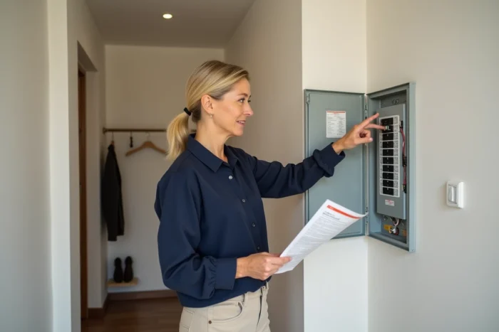 Propriétaire vérifiant le type de disjoncteur dans le tableau électrique de son appartement