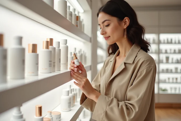 Femme examinant des produits de soin minimalistes sur un rayon de boutique cosmétique moderne