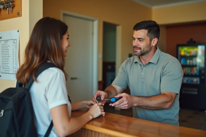 Réception d'un motel avec un réceptionniste remettant une clé de chambre à une voyageuse, comptoir simple et panneau tarifaire visible en arrière-plan