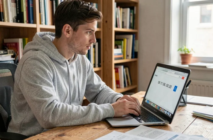 Young man searching for an unknown phone number on the internet to identify a suspicious caller