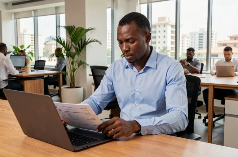 Professionnel sénégalais analysant des données de rémunération dans un bureau moderne à Dakar