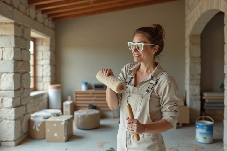 Femme appliquant une peinture écologique sur un mur en pierre lors d'une rénovation maison durable