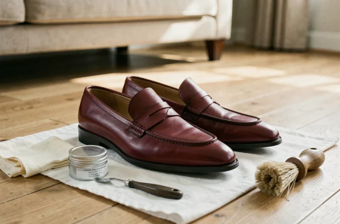 Paire de mocassins en cuir teints en rouge cerise posés sur un chiffon blanc avec les outils de finition, sur un parquet en bois clair dans un salon