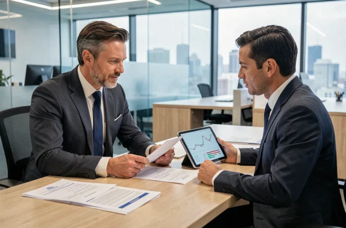 Homme en costume discutant d'un crédit avec un conseiller financier dans une agence bancaire moderne