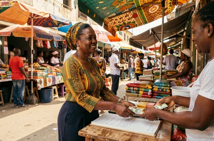 Commerçante sénégalaise gérant ses revenus dans un marché animé de Dakar