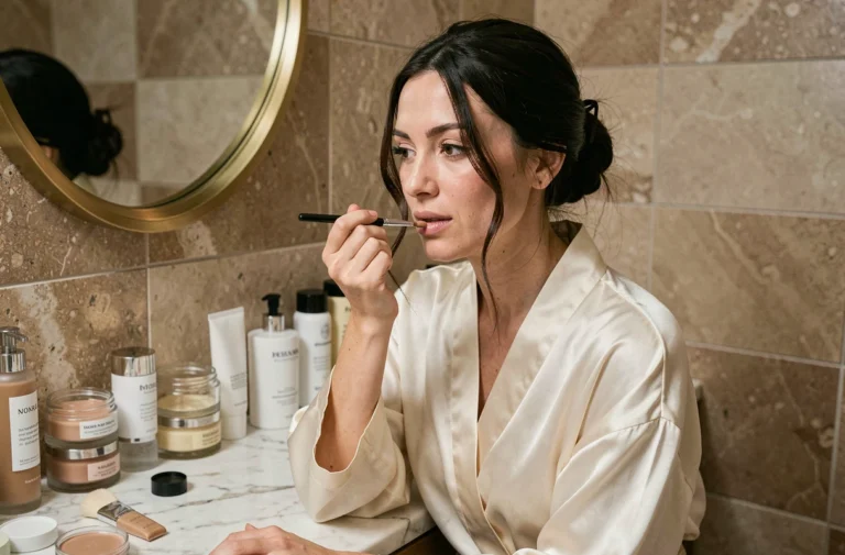 Femme appliquant un soin beauté devant un miroir en laiton dans une salle de bain moderne aux tons chauds
