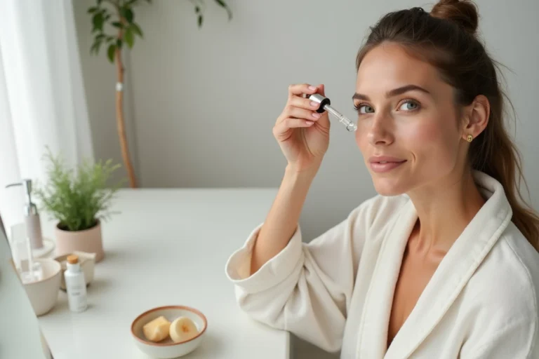 Femme appliquant un sérum sur sa peau avec un compte-gouttes en verre devant une coiffeuse minimaliste, routine beauté tendance