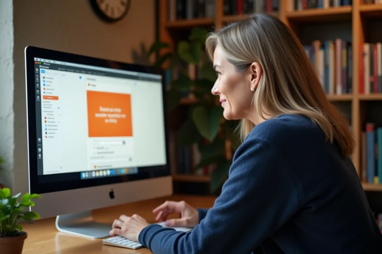 Femme d'âge moyen sauvegardant ses mails Orange sur un ordinateur de bureau dans un bureau à domicile
