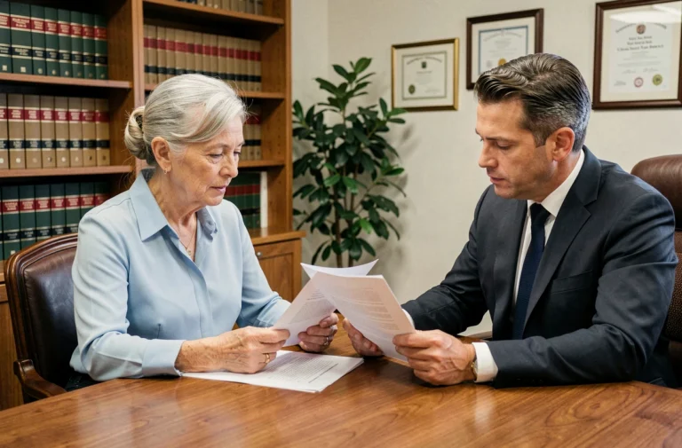 Une femme senior consultant un avocat spécialisé dans les droits des personnes âgées dans un cabinet juridique