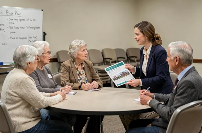 Un groupe de seniors participant à une session d'information juridique animée par une notaire dans un centre communautaire