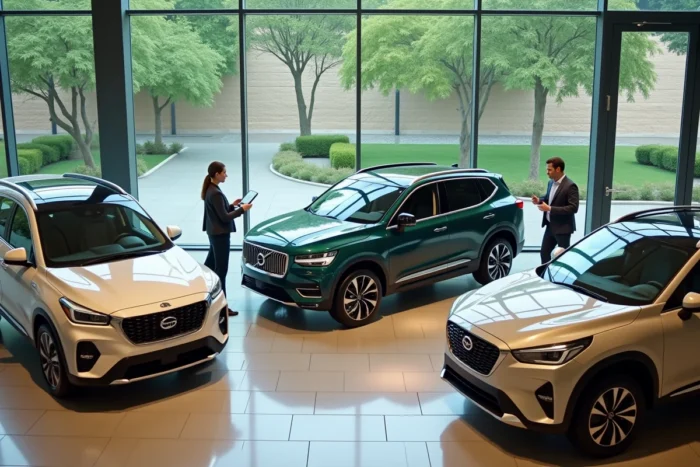 Showroom automobile moderne avec trois SUV exposés et une conseillère de vente consultant un écran digital