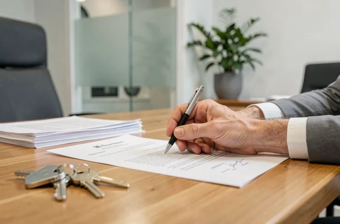 Signature d'un contrat d'achat immobilier sur une table de bureau avec des clés de maison et des documents légaux, symbolisant la finalisation d'un investissement immobilier réussi.
